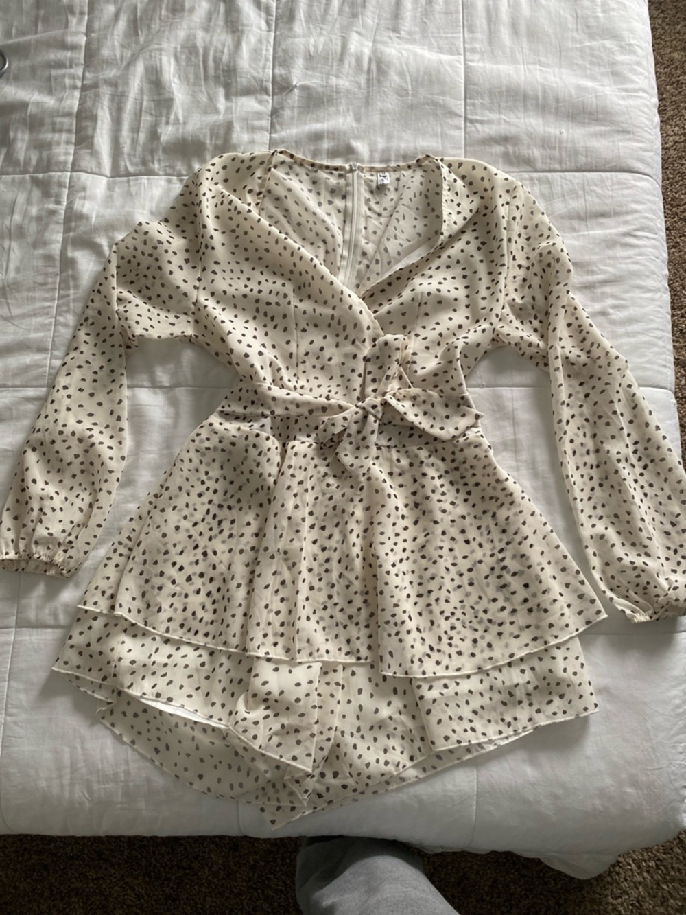 Cream Mini Dress with Black Dot Print and Tie Front